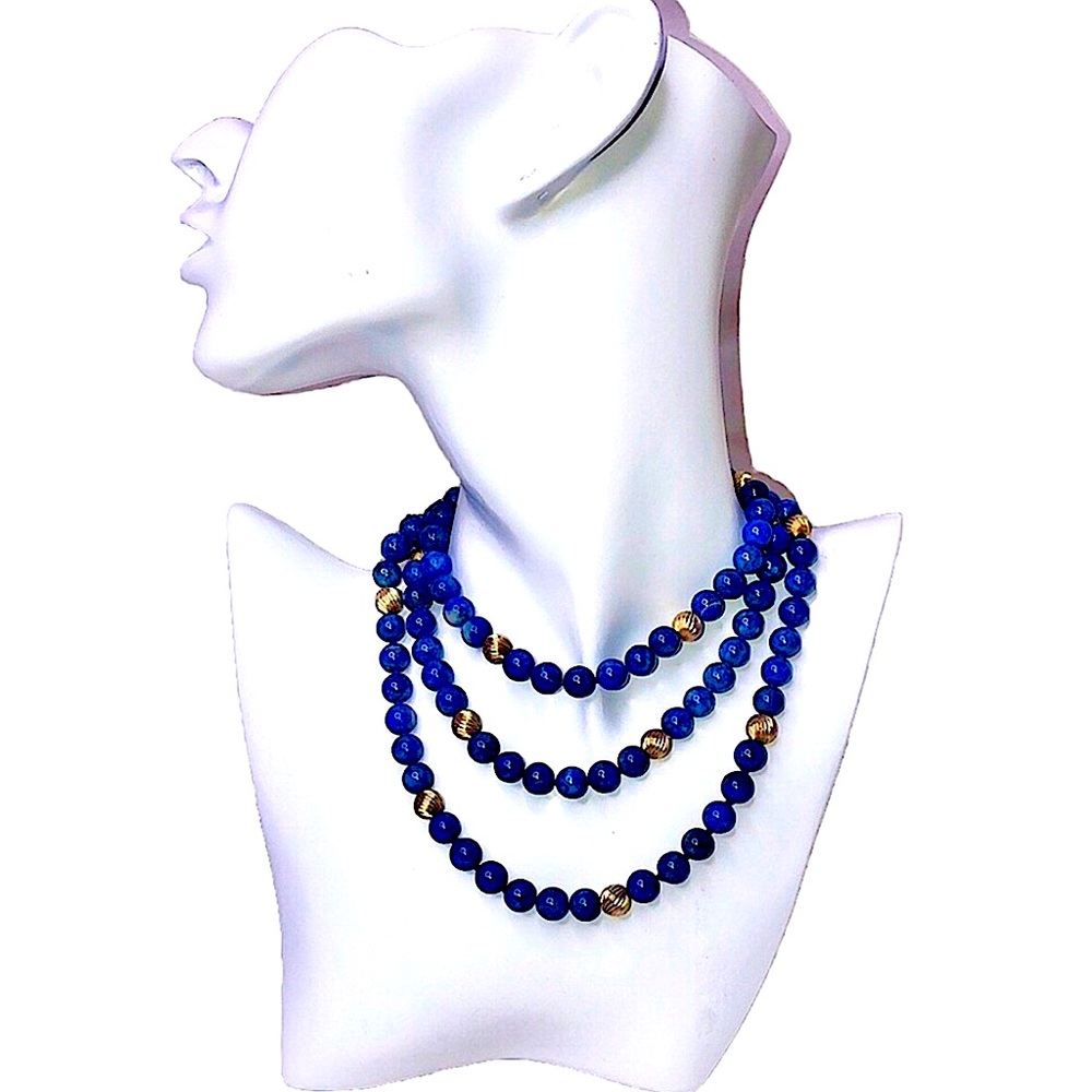 VINTAGE Lapis Lazuli 14k Gold Sculpted Beads & Clasp Hand Knotted Necklace